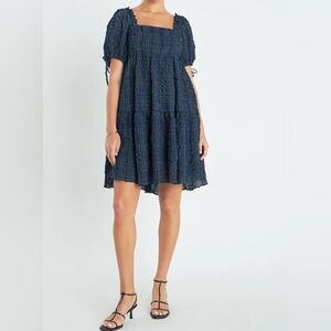 ✨Revolve English Factory CRINKLED GINGHAM FLOUNCE DRESS Navy Size Small